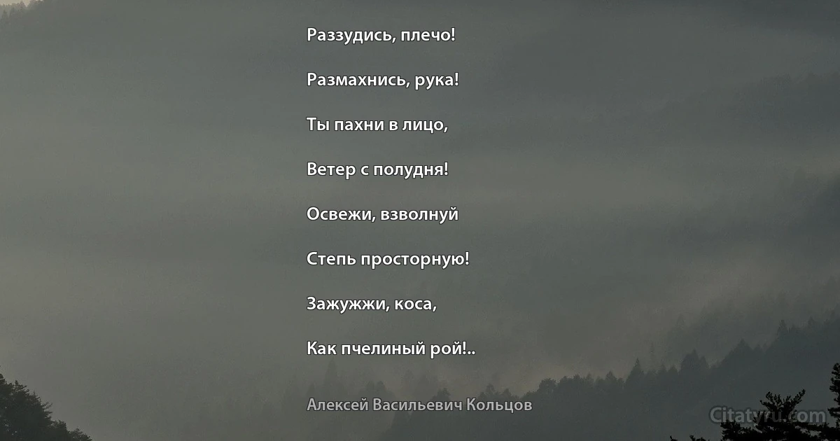 Раззудись, плечо!

Размахнись, рука!

Ты пахни в лицо,

Ветер с полудня!

Освежи, взволнуй

Степь просторную!

Зажужжи, коса,

Как пчелиный рой!.. (Алексей Васильевич Кольцов)