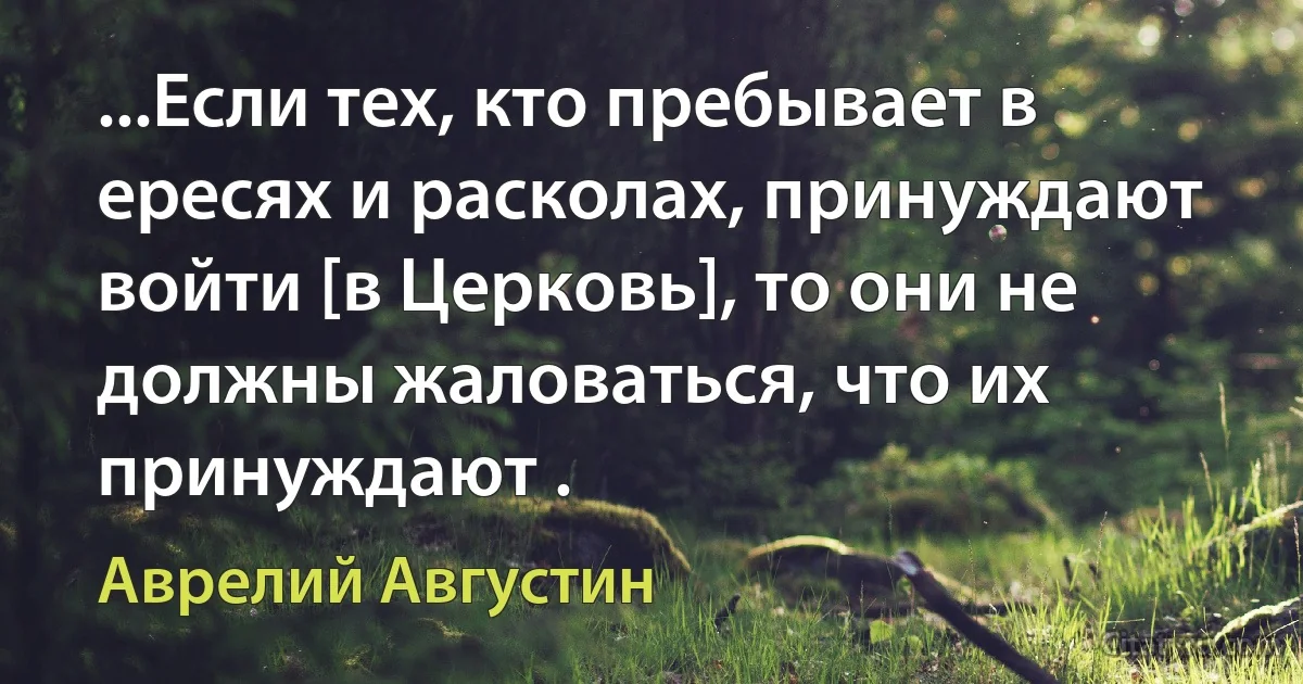 ...Если тех, кто пребывает в ересях и расколах, принуждают войти [в Церковь], то они не должны жаловаться, что их принуждают . (Аврелий Августин)