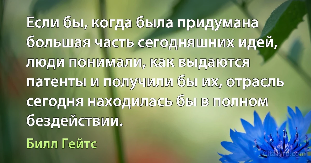 Если бы, когда была придумана бoльшая часть сегодняшних идей, люди понимали, как выдаются патенты и получили бы их, отрасль сегодня находилась бы в полном бездействии. (Билл Гейтс)