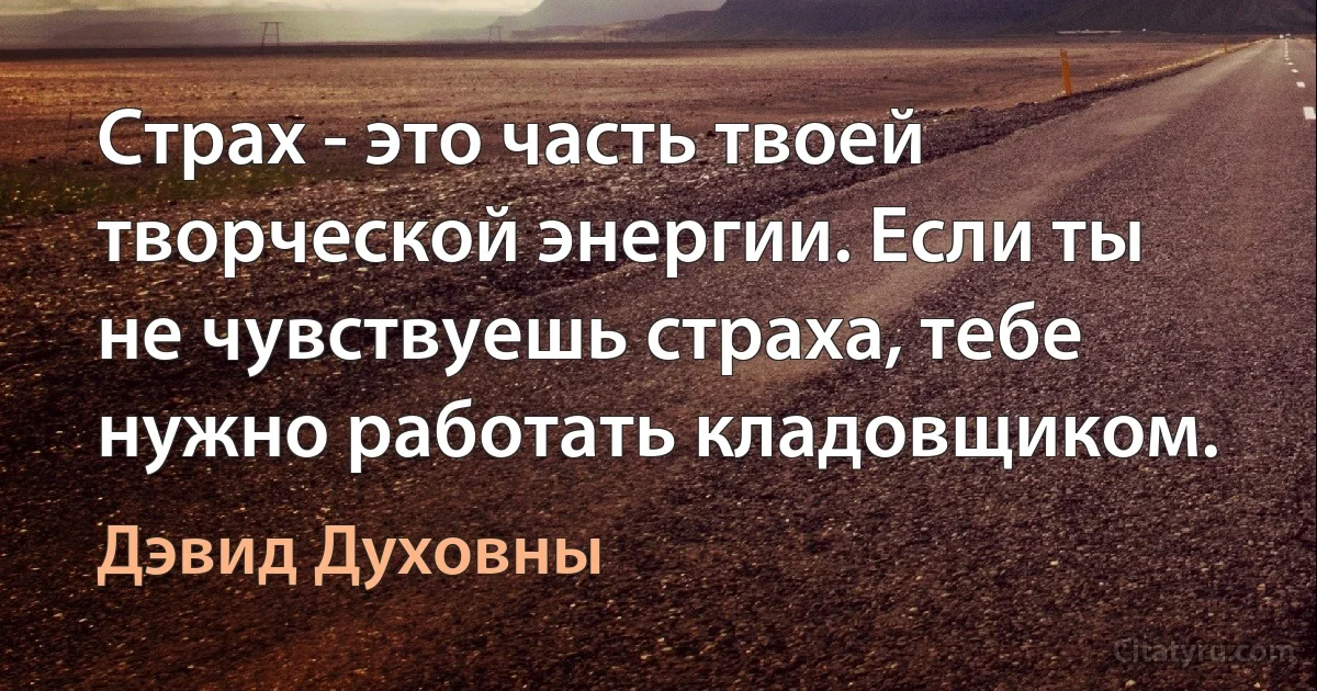 Страх - это часть твоей творческой энергии. Если ты не чувствуешь страха, тебе нужно работать кладовщиком. (Дэвид Духовны)