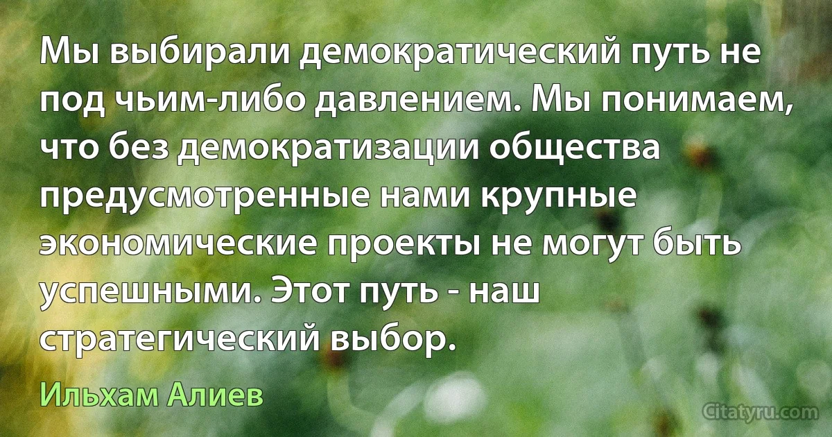 Мы выбирали демократический путь не под чьим-либо давлением. Мы понимаем, что без демократизации общества предусмотренные нами крупные экономические проекты не могут быть успешными. Этот путь - наш стратегический выбор. (Ильхам Алиев)