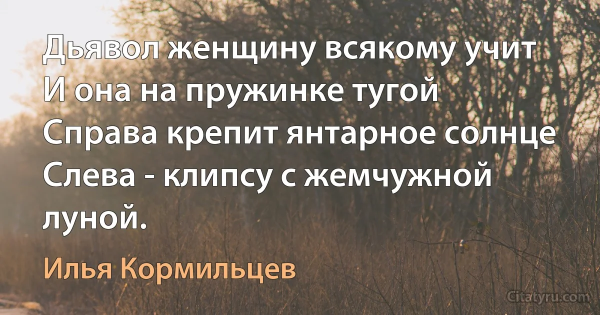 Дьявол женщину всякому учит
И она на пружинке тугой
Справа крепит янтарное солнце
Слева - клипсу с жемчужной луной. (Илья Кормильцев)