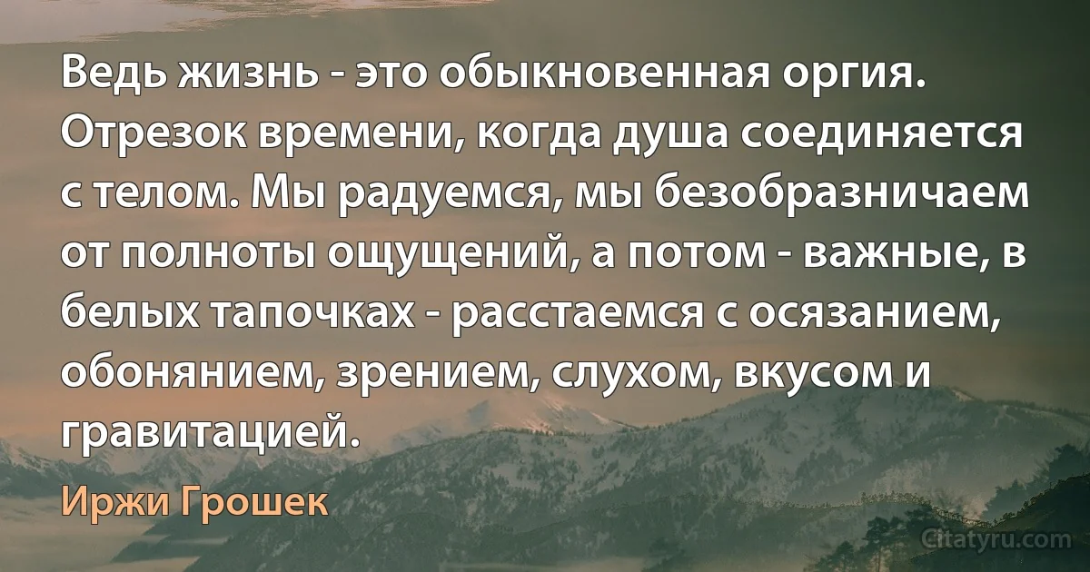 Ведь жизнь - это обыкновенная оргия. Отрезок времени, когда душа соединяется с телом. Мы радуемся, мы безобразничаем от полноты ощущений, а потом - важные, в белых тапочках - расстаемся с осязанием, обонянием, зрением, слухом, вкусом и гравитацией. (Иржи Грошек)