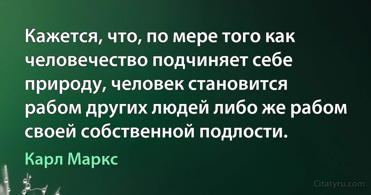 Кажется, что, по мере того как человечество подчиняет себе природу, человек становится рабом других людей либо же рабом своей собственной подлости. (Карл Маркс)