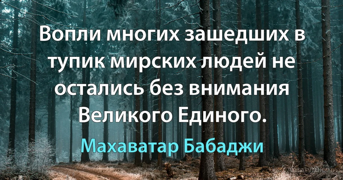 Вопли многих зашедших в тупик мирских людей не остались без внимания Великого Единого. (Махаватар Бабаджи)