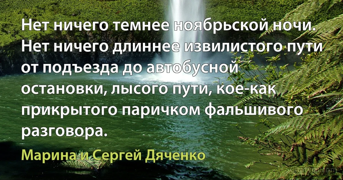 Нет ничего темнее ноябрьской ночи. Нет ничего длиннее извилистого пути от подъезда до автобусной остановки, лысого пути, кое-как прикрытого паричком фальшивого разговора. (Марина и Сергей Дяченко)