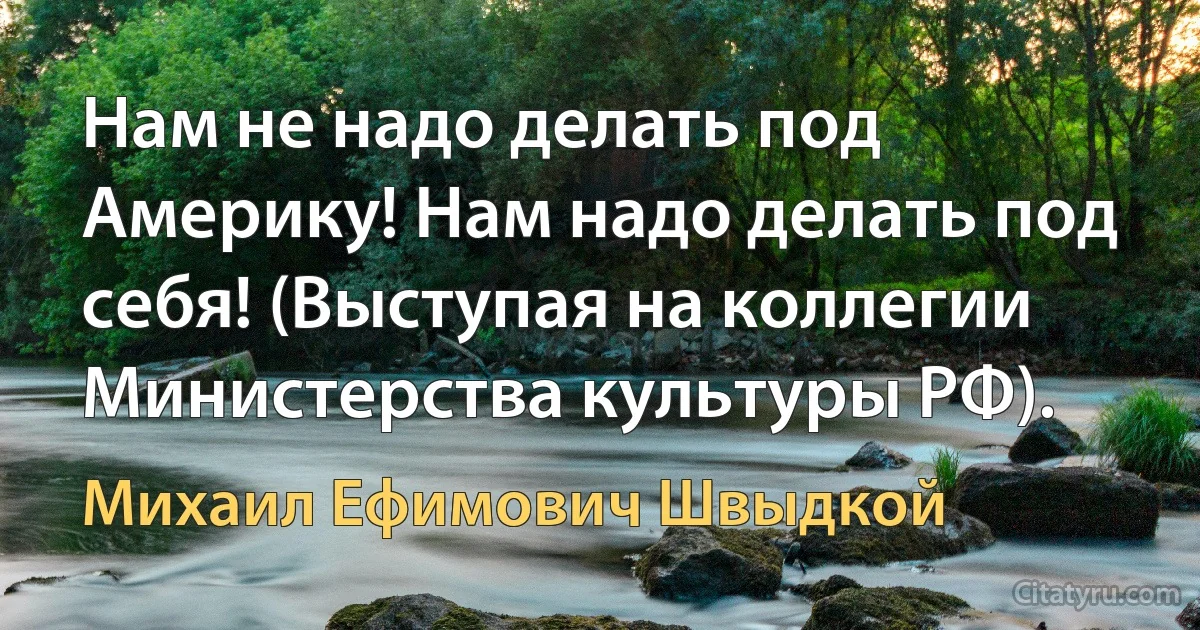 Нам не надо делать под Америку! Нам надо делать под себя! (Выступая на коллегии Министерства культуры РФ). (Михаил Ефимович Швыдкой)