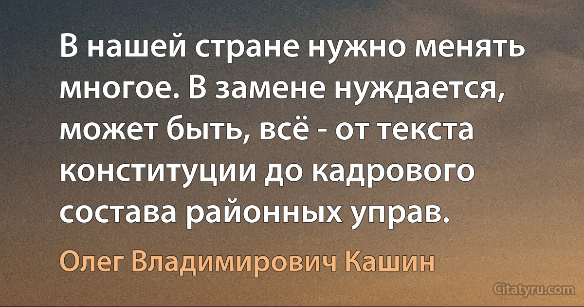 В нашей стране нужно менять многое. В замене нуждается, может быть, всё - от текста конституции до кадрового состава районных управ. (Олег Владимирович Кашин)