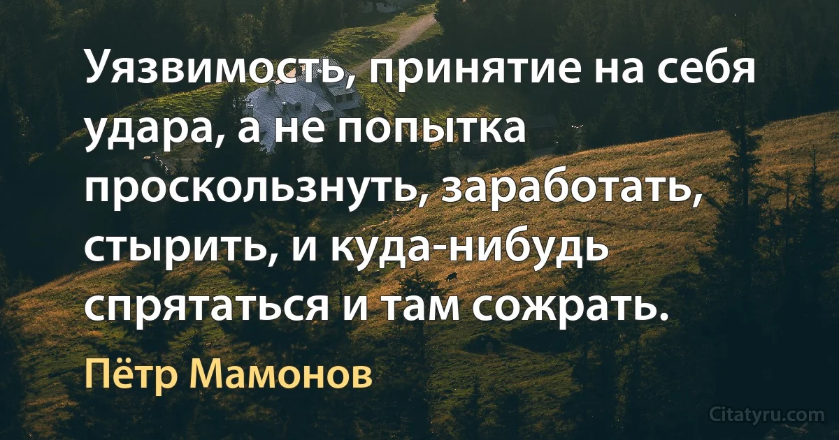 Уязвимость, принятие на себя удара, а не попытка проскользнуть, заработать, стырить, и куда-нибудь спрятаться и там сожрать. (Пётр Мамонов)