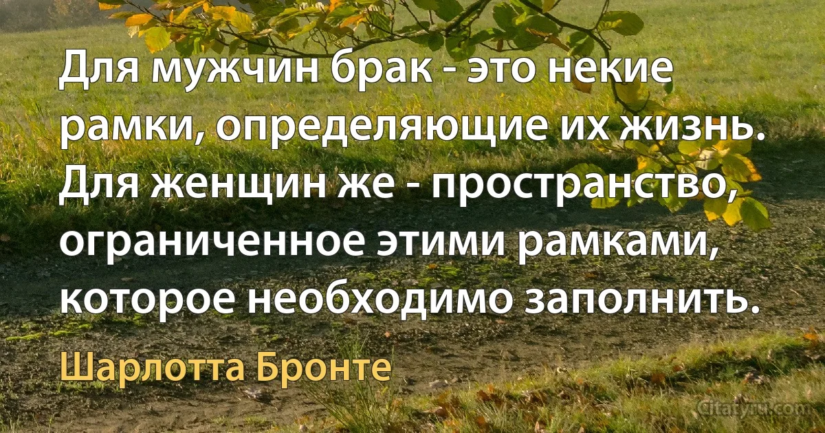 Для мужчин брак - это некие рамки, определяющие их жизнь. Для женщин же - пространство, ограниченное этими рамками, которое необходимо заполнить. (Шарлотта Бронте)