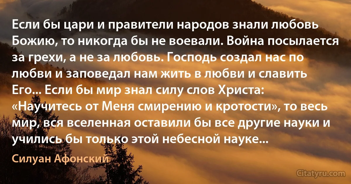 Если бы цари и правители народов знали любовь Божию, то никогда бы не воевали. Война посылается за грехи, а не за любовь. Господь создал нас по любви и заповедал нам жить в любви и славить Его... Если бы мир знал силу слов Христа: «Научитесь от Меня смирению и кротости», то весь мир, вся вселенная оставили бы все другие науки и учились бы только этой небесной науке... (Силуан Афонский)