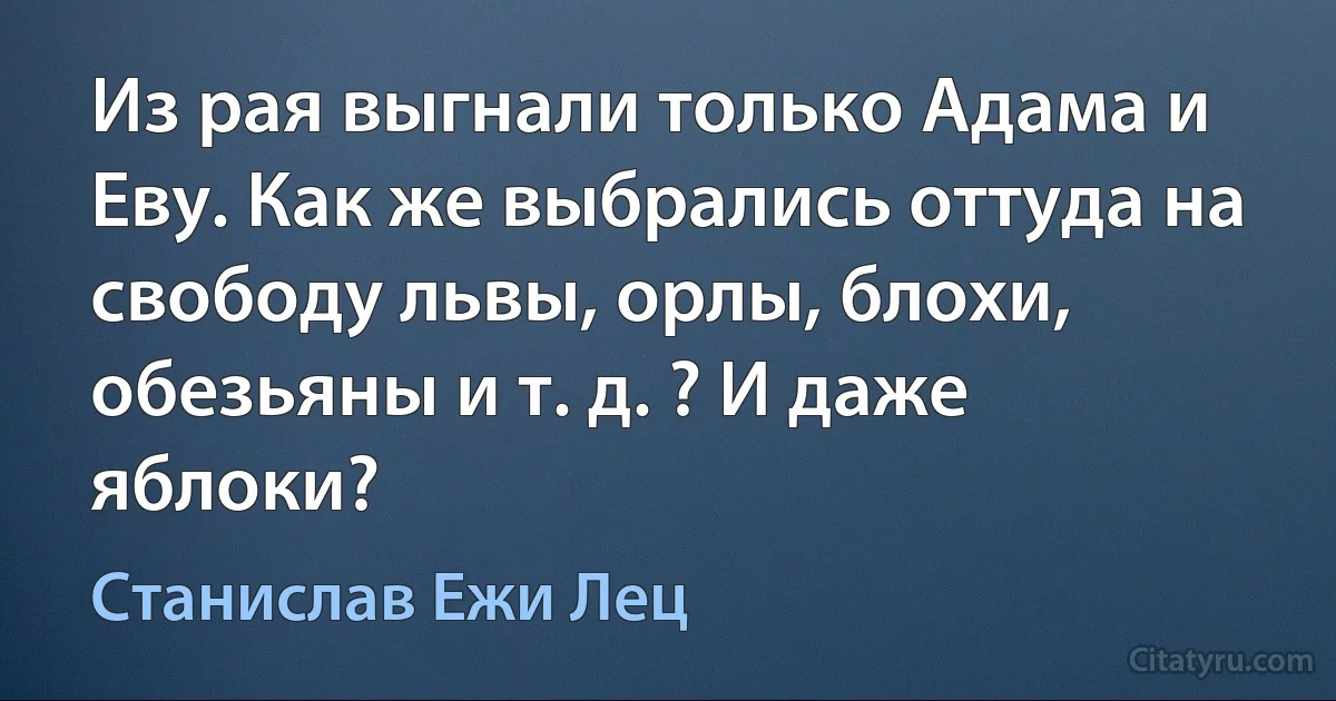 Из рая выгнали только Адама и Еву. Как же выбрались оттуда на свободу львы, орлы, блохи, обезьяны и т. д. ? И даже яблоки? (Станислав Ежи Лец)