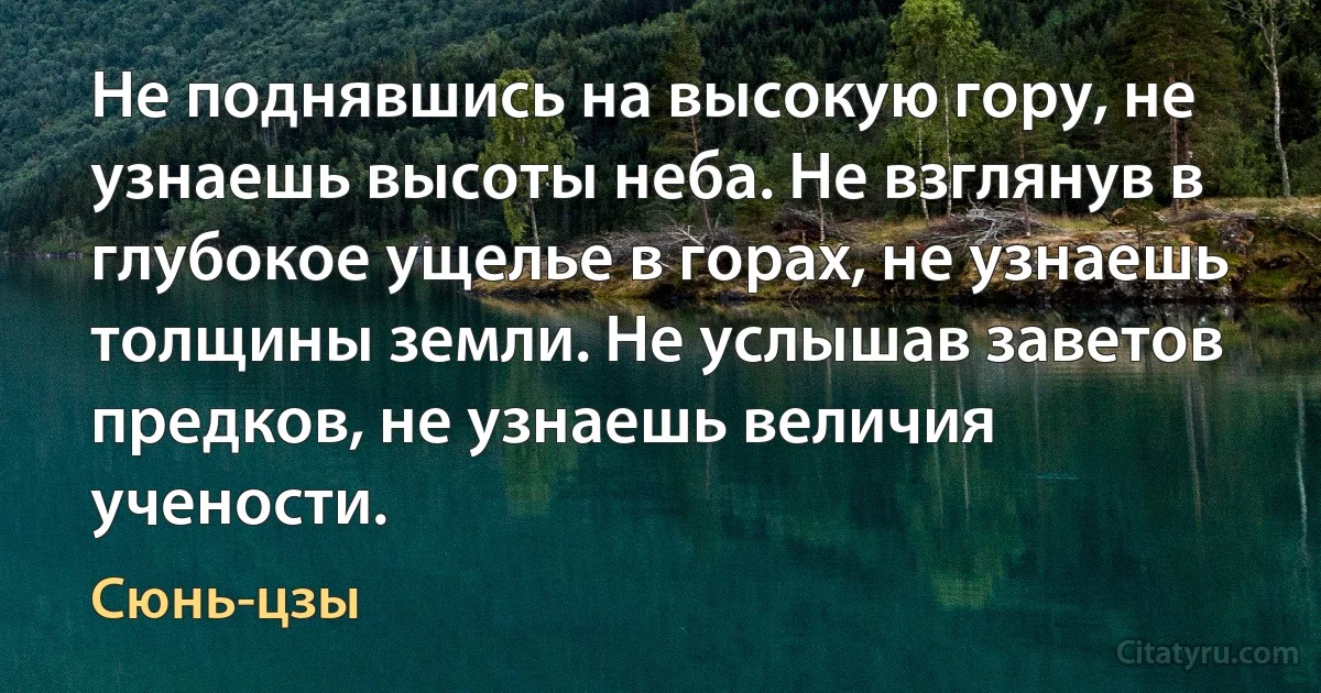 Не поднявшись на высокую гору, не узнаешь высоты неба. Не взглянув в глубокое ущелье в горах, не узнаешь толщины земли. Не услышав заветов предков, не узнаешь величия учености. (Сюнь-цзы)