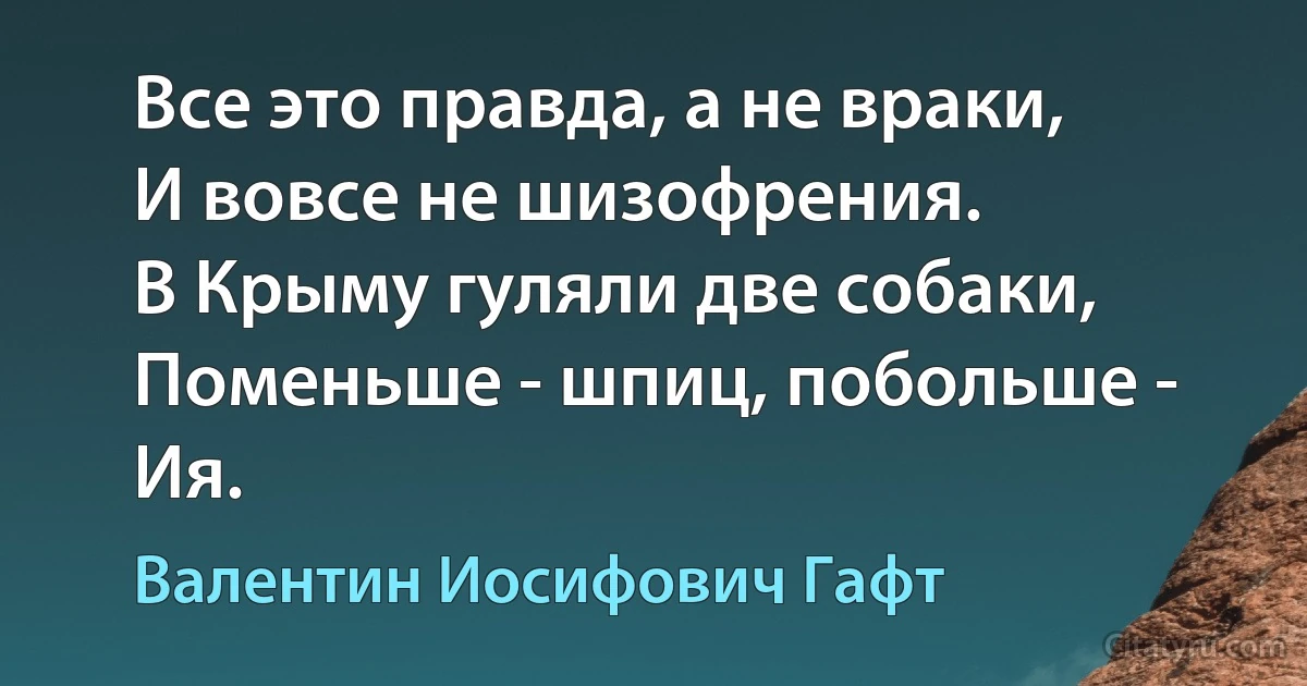 Все это правда, а не враки,
И вовсе не шизофрения.
В Крыму гуляли две собаки,
Поменьше - шпиц, побольше - Ия. (Валентин Иосифович Гафт)