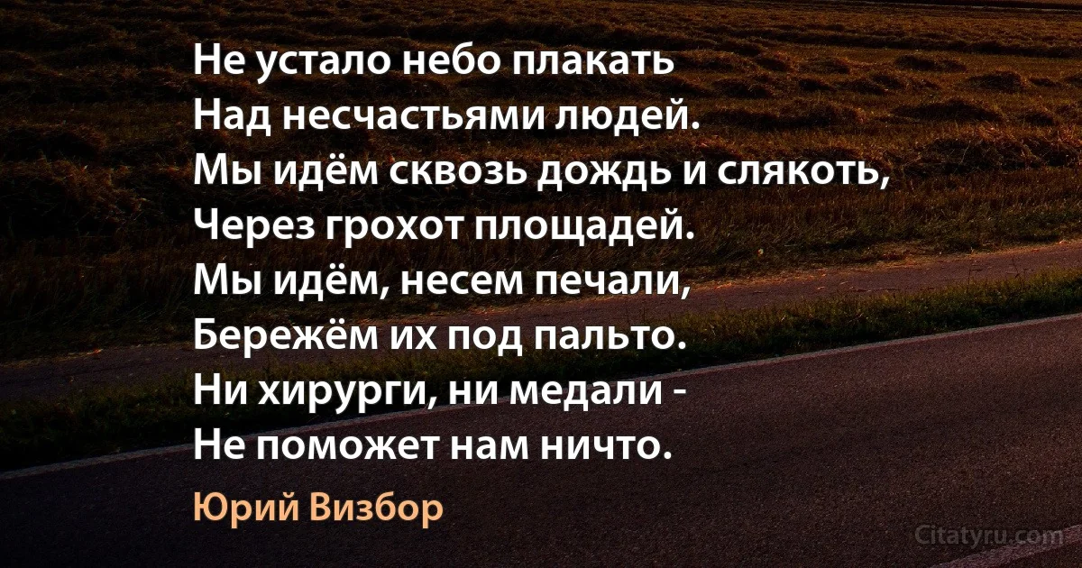 Не устало небо плакать
Над несчастьями людей.
Мы идём сквозь дождь и слякоть,
Через грохот площадей.
Мы идём, несем печали,
Бережём их под пальто.
Ни хирурги, ни медали -
Не поможет нам ничто. (Юрий Визбор)