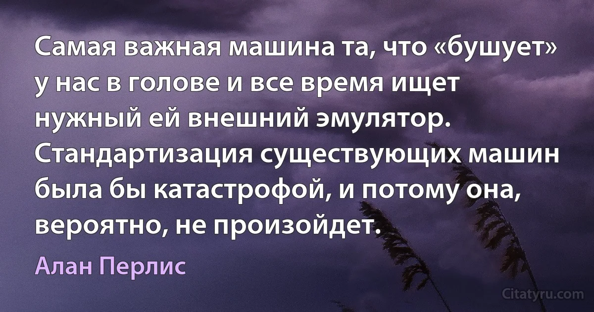 Самая важная машина та, что «бушует» у нас в голове и все время ищет нужный ей внешний эмулятор. Стандартизация существующих машин была бы катастрофой, и потому она, вероятно, не произойдет. (Алан Перлис)