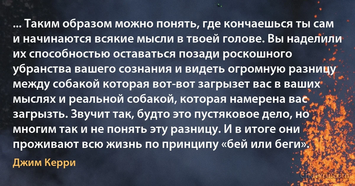 ... Таким образом можно понять, где кончаешься ты сам и начинаются всякие мысли в твоей голове. Вы наделили их способностью оставаться позади роскошного убранства вашего сознания и видеть огромную разницу между собакой которая вот-вот загрызет вас в ваших мыслях и реальной собакой, которая намерена вас загрызть. Звучит так, будто это пустяковое дело, но многим так и не понять эту разницу. И в итоге они проживают всю жизнь по принципу «бей или беги». (Джим Керри)