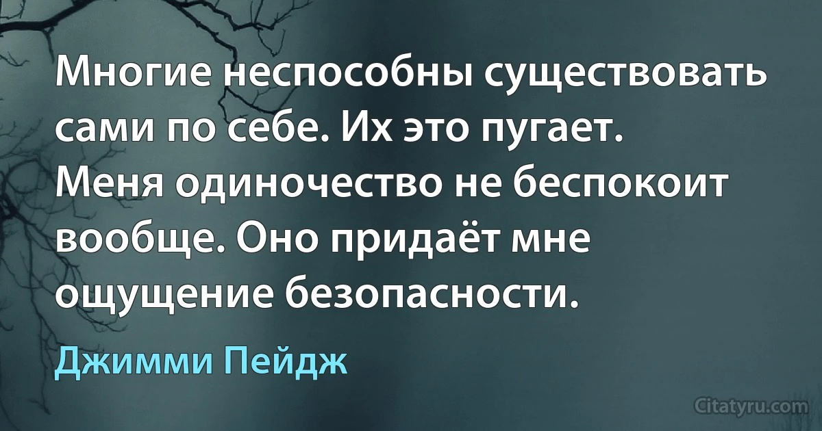 Многие неспособны существовать сами по себе. Их это пугает. Меня одиночество не беспокоит вообще. Оно придаёт мне ощущение безопасности. (Джимми Пейдж)