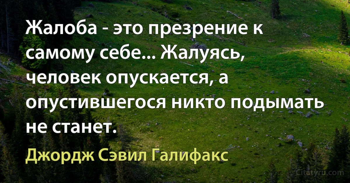 Жалоба - это презрение к самому себе... Жалуясь, человек опускается, а опустившегося никто подымать не станет. (Джордж Сэвил Галифакс)