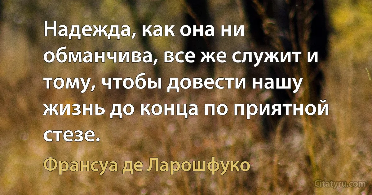 Надежда, как она ни обманчива, все же служит и тому, чтобы довести нашу жизнь до конца по приятной стезе. (Франсуа де Ларошфуко)