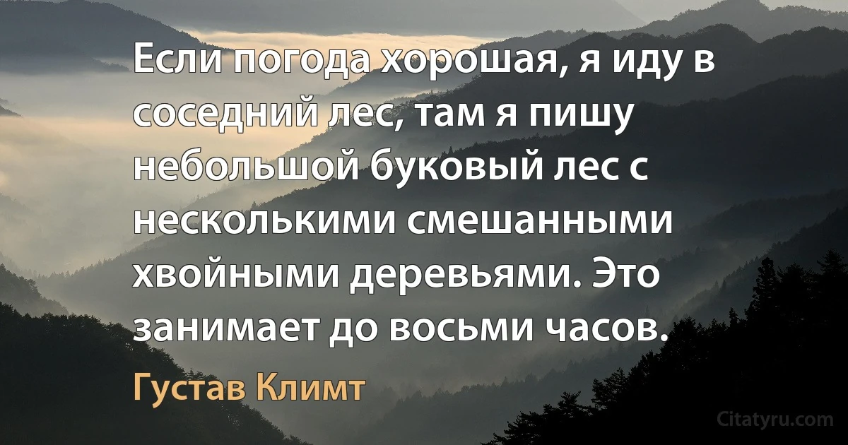 Если погода хорошая, я иду в соседний лес, там я пишу небольшой буковый лес с несколькими смешанными хвойными деревьями. Это занимает до восьми часов. (Густав Климт)