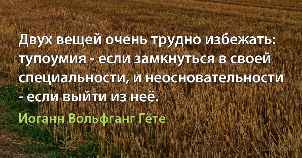 Двух вещей очень трудно избежать: тупоумия - если замкнуться в своей специальности, и неосновательности - если выйти из неё. (Иоганн Вольфганг Гёте)