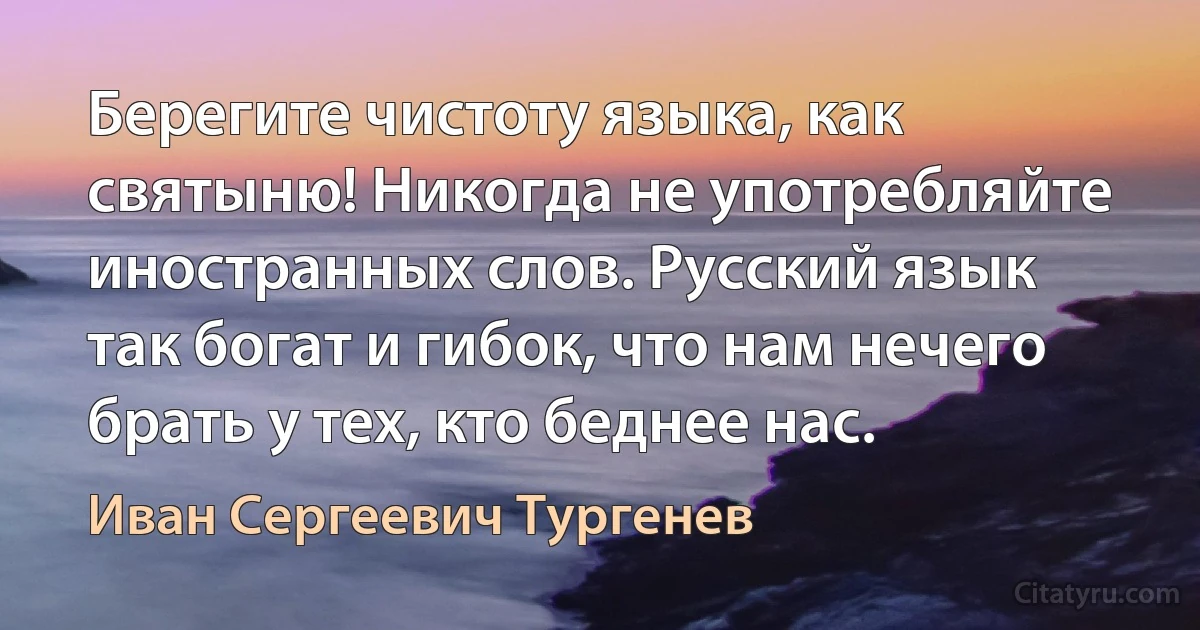 Берегите чистоту языка, как святыню! Никогда не употребляйте иностранных слов. Русский язык так богат и гибок, что нам нечего брать у тех, кто беднее нас. (Иван Сергеевич Тургенев)