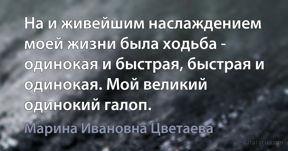 На и живейшим наслаждением моей жизни была ходьба - одинокая и быстрая, быстрая и одинокая. Мой великий одинокий галоп. (Марина Ивановна Цветаева)