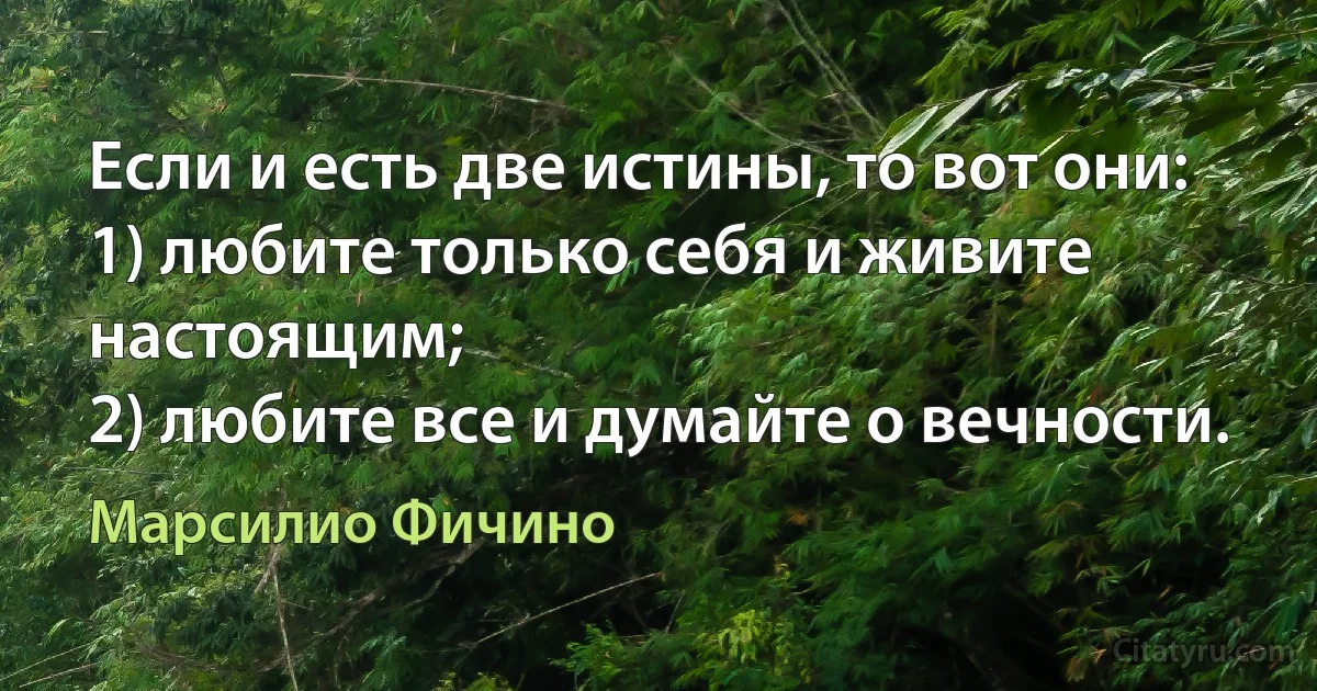 Если и есть две истины, то вот они:
1) любите только себя и живите настоящим;
2) любите все и думайте о вечности. (Марсилио Фичино)