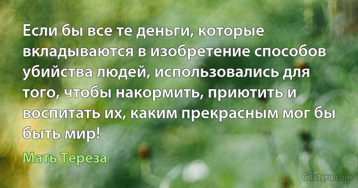 Если бы все те деньги, которые вкладываются в изобретение способов убийства людей, использовались для того, чтобы накормить, приютить и воспитать их, каким прекрасным мог бы быть мир! (Мать Тереза)