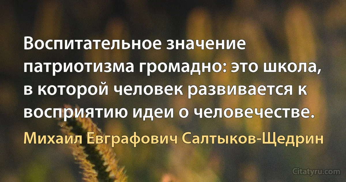 Воспитательное значение патриотизма громадно: это школа, в которой человек развивается к восприятию идеи о человечестве. (Михаил Евграфович Салтыков-Щедрин)