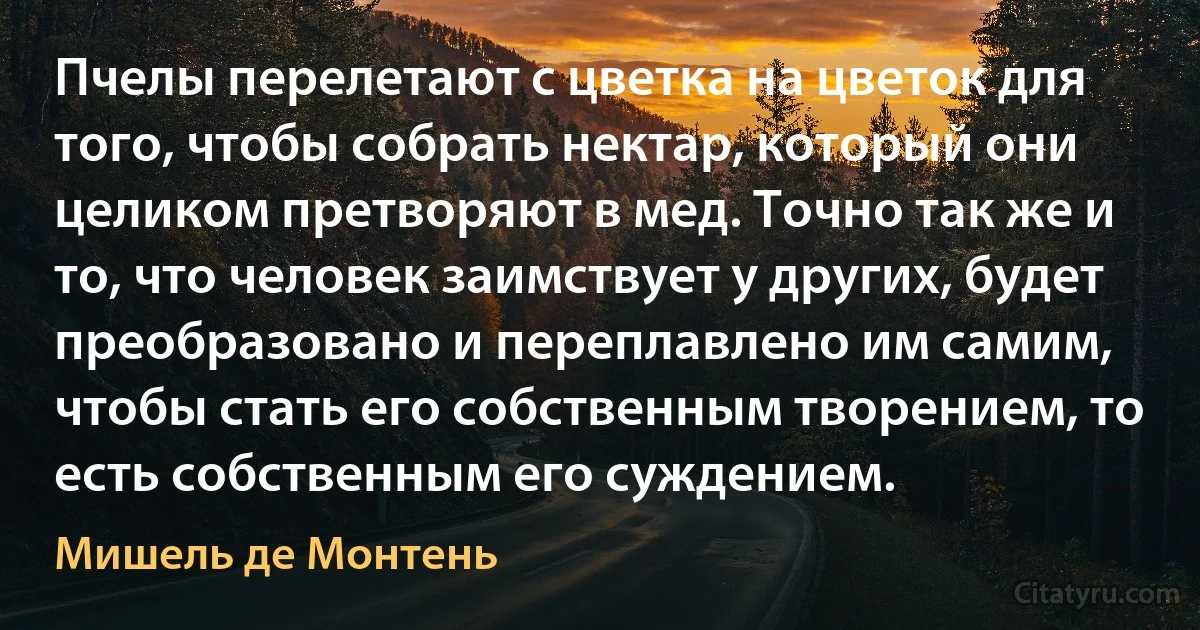 Пчелы перелетают с цветка на цветок для того, чтобы собрать нектар, который они целиком претворяют в мед. Точно так же и то, что человек заимствует у других, будет преобразовано и переплавлено им самим, чтобы стать его собственным творением, то есть собственным его суждением. (Мишель де Монтень)