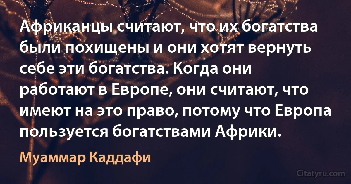 Африканцы считают, что их богатства были похищены и они хотят вернуть себе эти богатства. Когда они работают в Европе, они считают, что имеют на это право, потому что Европа пользуется богатствами Африки. (Муаммар Каддафи)