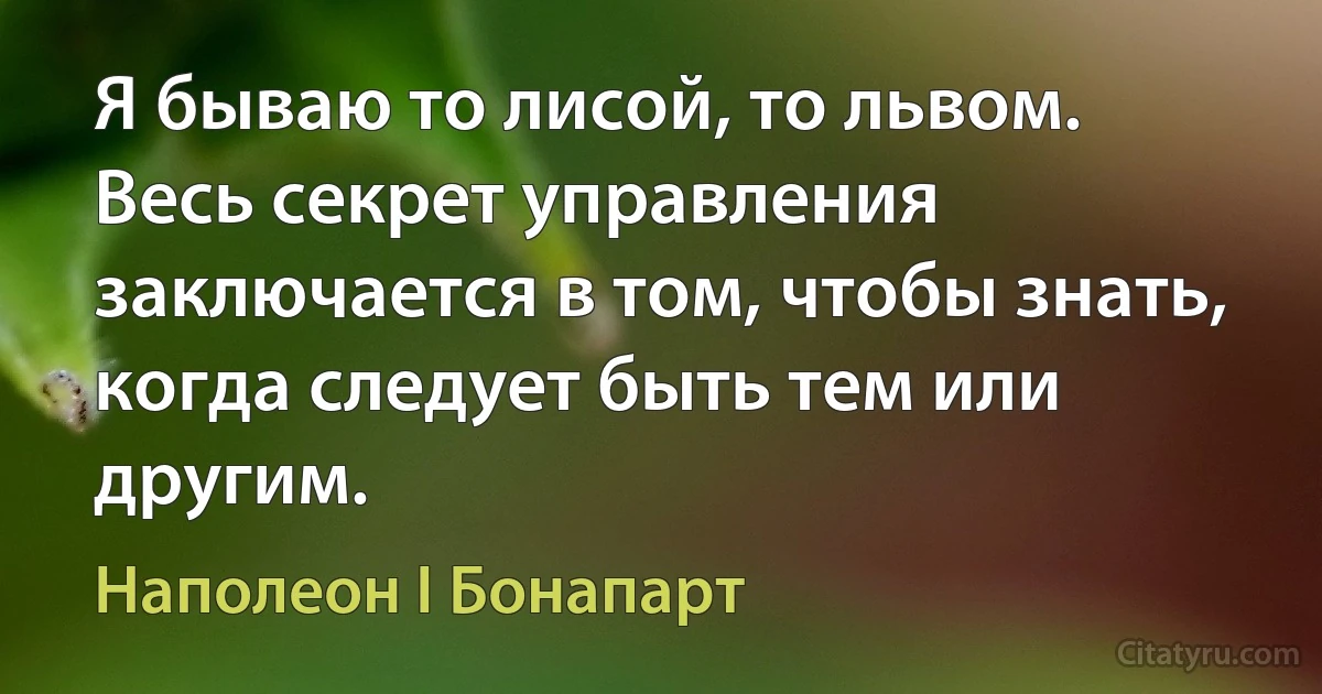 Я бываю то лисой, то львом. Весь секрет управления заключается в том, чтобы знать, когда следует быть тем или другим. (Наполеон I Бонапарт)