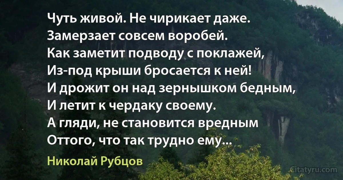 Чуть живой. Не чирикает даже.
Замерзает совсем воробей.
Как заметит подводу с поклажей,
Из-под крыши бросается к ней!
И дрожит он над зернышком бедным,
И летит к чердаку своему.
А гляди, не становится вредным
Оттого, что так трудно ему... (Николай Рубцов)