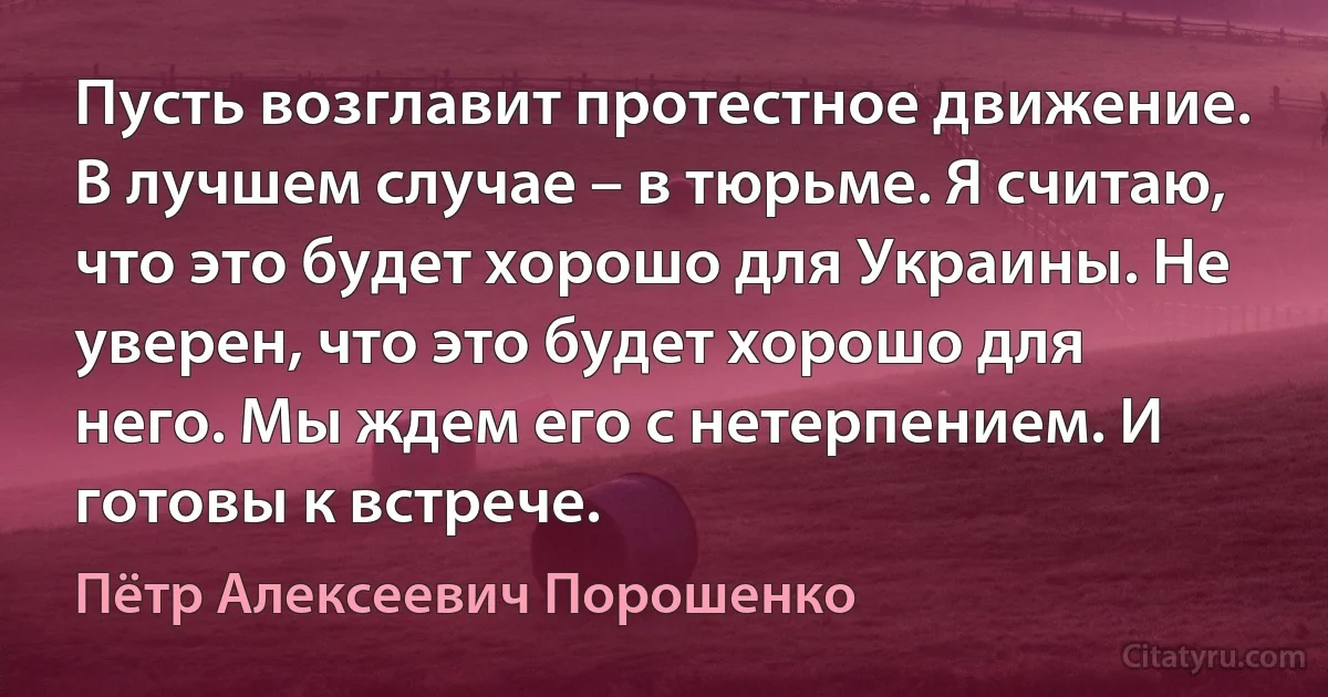 Пусть возглавит протестное движение. В лучшем случае – в тюрьме. Я считаю, что это будет хорошо для Украины. Не уверен, что это будет хорошо для него. Мы ждем его с нетерпением. И готовы к встрече. (Пётр Алексеевич Порошенко)