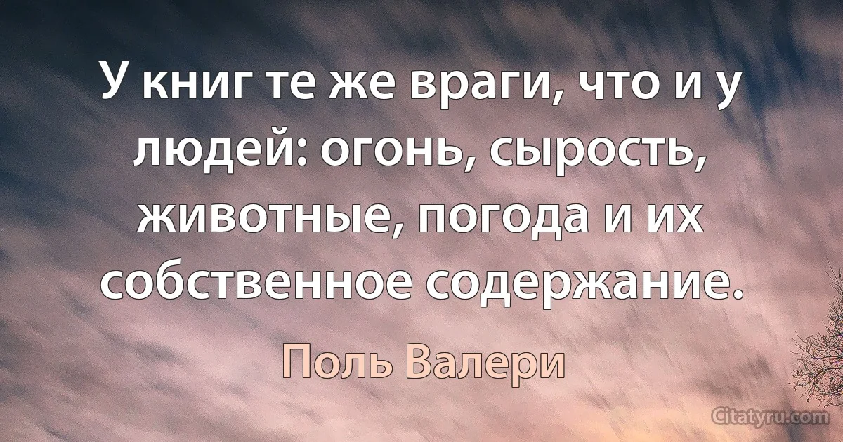 У книг те же враги, что и у людей: огонь, сырость, животные, погода и их собственное содержание. (Поль Валери)