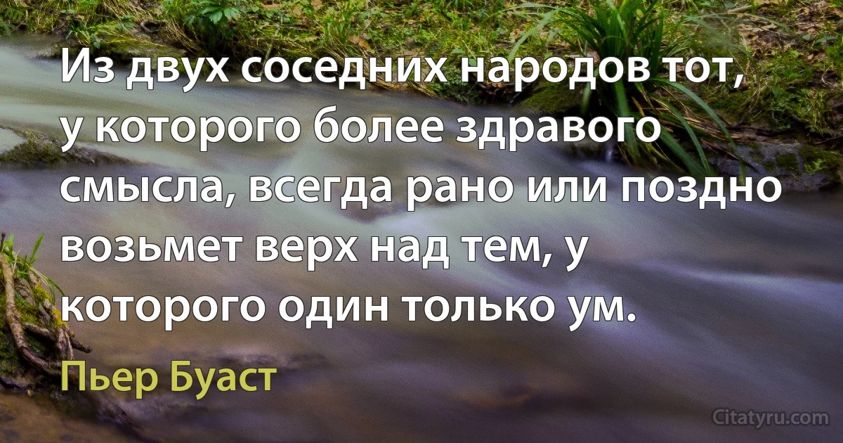 Из двух соседних народов тот, у которого более здравого смысла, всегда рано или поздно возьмет верх над тем, у которого один только ум. (Пьер Буаст)