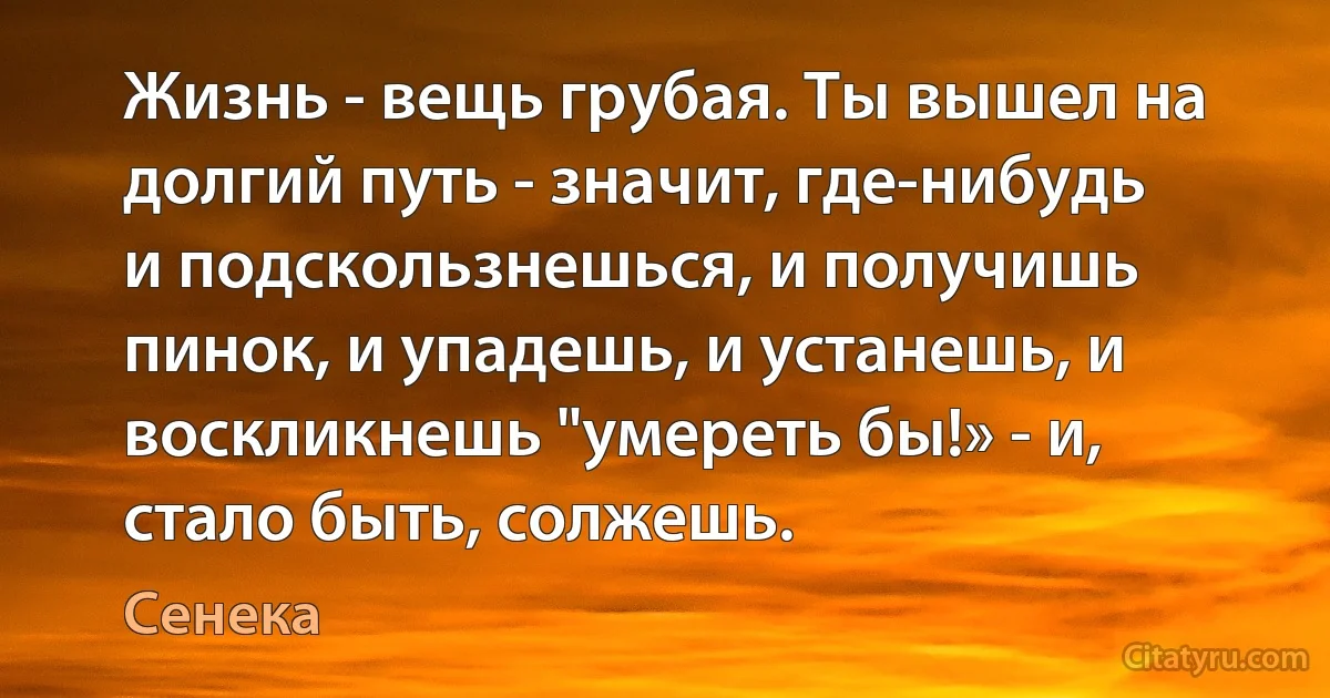 Жизнь - вещь грубая. Ты вышел на долгий путь - значит, где-нибудь и подскользнешься, и получишь пинок, и упадешь, и устанешь, и воскликнешь "умереть бы!» - и, стало быть, солжешь. (Сенека)