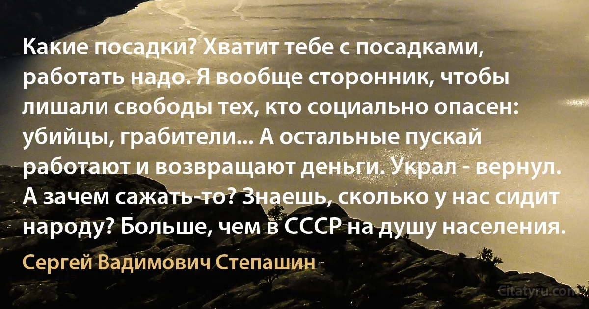 Какие посадки? Хватит тебе с посадками, работать надо. Я вообще сторонник, чтобы лишали свободы тех, кто социально опасен: убийцы, грабители... А остальные пускай работают и возвращают деньги. Украл - вернул. А зачем сажать-то? Знаешь, сколько у нас сидит народу? Больше, чем в СССР на душу населения. (Сергей Вадимович Степашин)