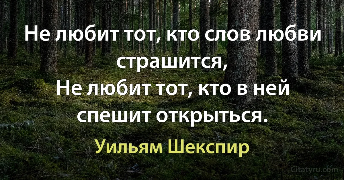 Не любит тот, кто слов любви страшится,
Не любит тот, кто в ней спешит открыться. (Уильям Шекспир)