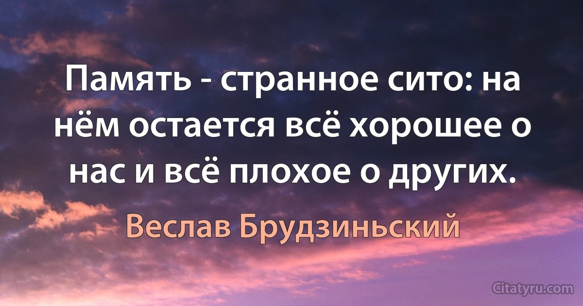 Память - странное сито: на нём остается всё хорошее о нас и всё плохое о других. (Веслав Брудзиньский)