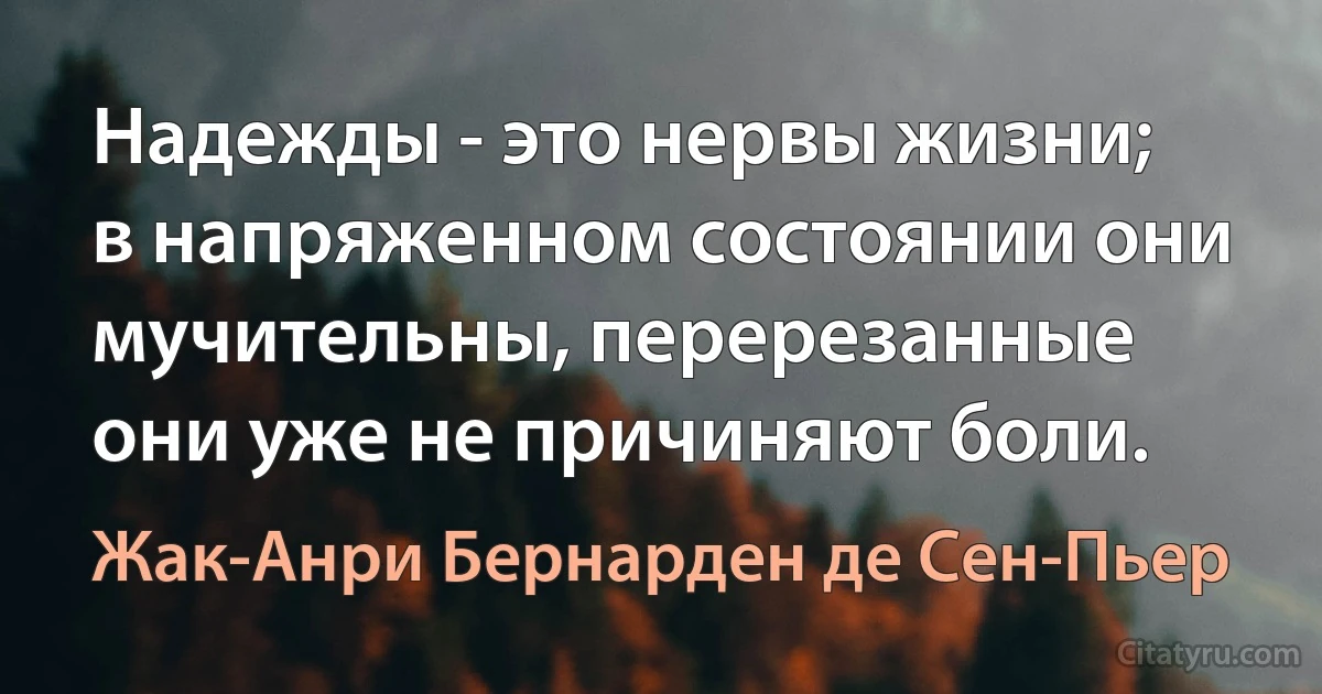 Надежды - это нервы жизни; в напряженном состоянии они мучительны, перерезанные они уже не причиняют боли. (Жак-Анри Бернарден де Сен-Пьер)