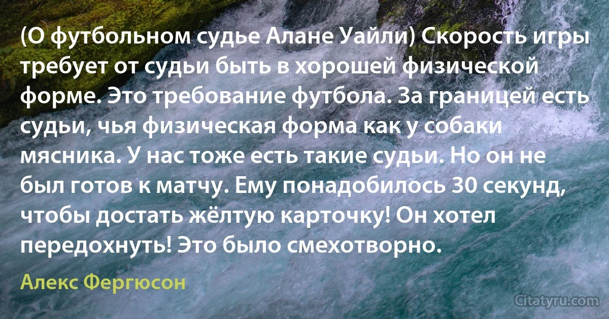 (О футбольном судье Алане Уайли) Скорость игры требует от судьи быть в хорошей физической форме. Это требование футбола. За границей есть судьи, чья физическая форма как у собаки мясника. У нас тоже есть такие судьи. Но он не был готов к матчу. Ему понадобилось 30 секунд, чтобы достать жёлтую карточку! Он хотел передохнуть! Это было смехотворно. (Алекс Фергюсон)