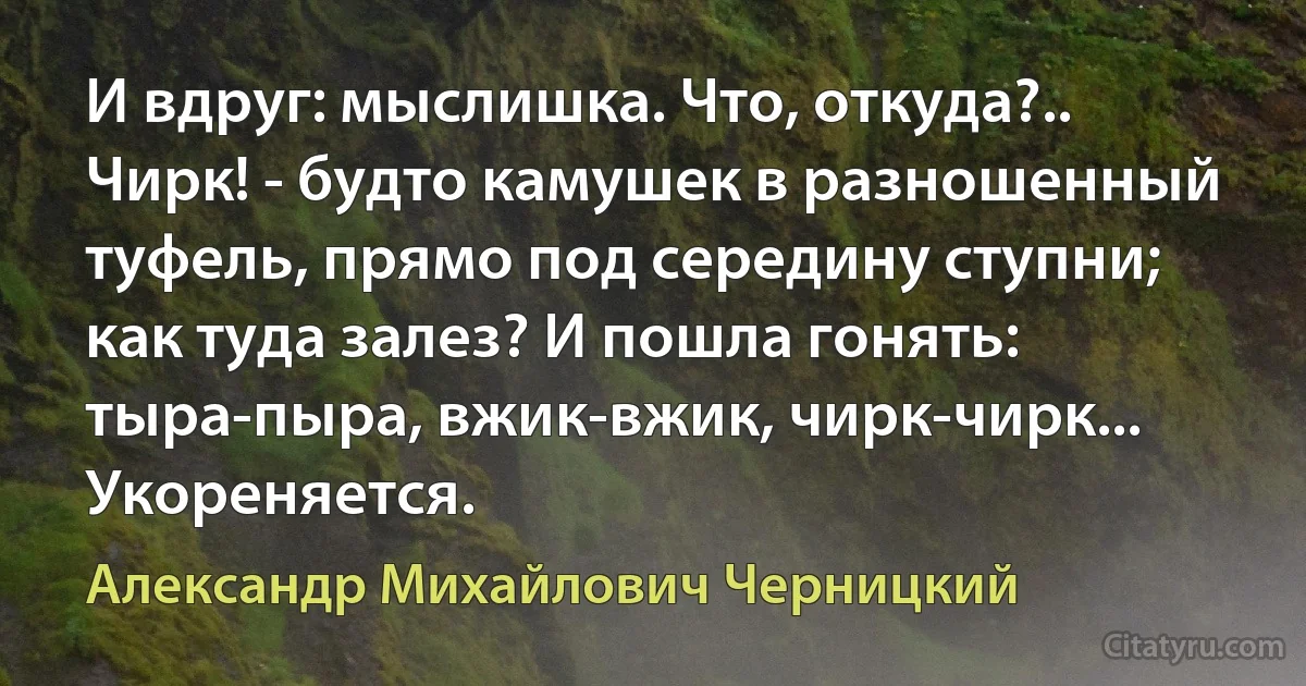 И вдруг: мыслишка. Что, откуда?.. Чирк! - будто камушек в разношенный туфель, прямо под середину ступни; как туда залез? И пошла гонять: тыра-пыра, вжик-вжик, чирк-чирк... Укореняется. (Александр Михайлович Черницкий)