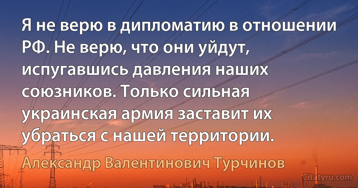 Я не верю в дипломатию в отношении РФ. Не верю, что они уйдут, испугавшись давления наших союзников. Только сильная украинская армия заставит их убраться с нашей территории. (Александр Валентинович Турчинов)