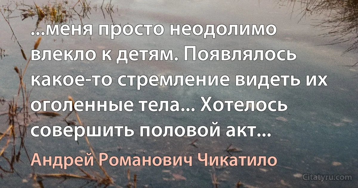 ...меня просто неодолимо влекло к детям. Появлялось какое-то стремление видеть их оголенные тела... Хотелось совершить половой акт... (Андрей Романович Чикатило)