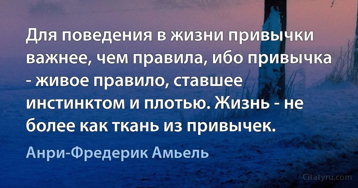 Для поведения в жизни привычки важнее, чем правила, ибо привычка - живое правило, ставшее инстинктом и плотью. Жизнь - не более как ткань из привычек. (Анри-Фредерик Амьель)