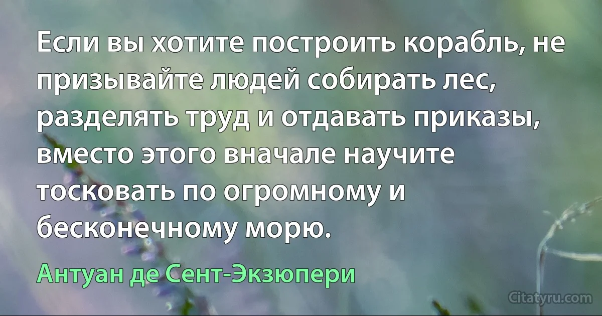 Если вы хотите построить корабль, не призывайте людей собирать лес, разделять труд и отдавать приказы, вместо этого вначале научите тосковать по огромному и бесконечному морю. (Антуан де Сент-Экзюпери)