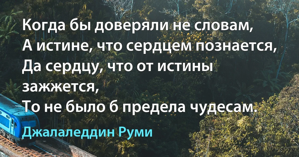 Когда бы доверяли не словам,
А истине, что сердцем познается,
Да сердцу, что от истины зажжется,
То не было б предела чудесам. (Джалаледдин Руми)